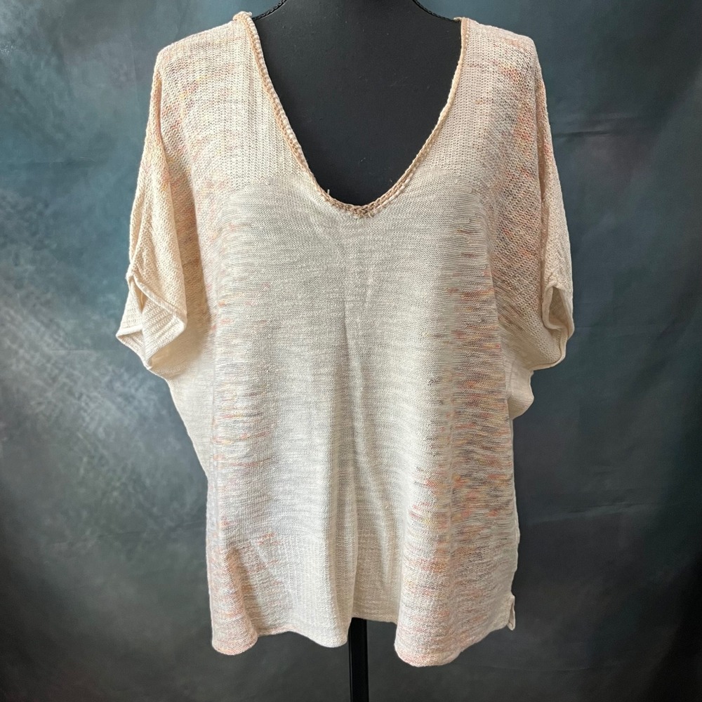 Free People Womens Medium Cream Space Dye V-Neck Knit Top‎ Cotton Linen Blend